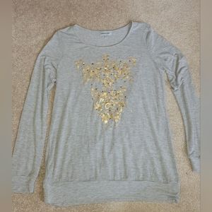 glitterscape Womens medium gray long sleeve shirt w/ gold print & studs/rhinesto